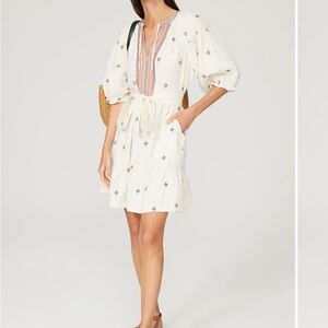 Embroidered White Cotton Tie-Waist Mini Dress